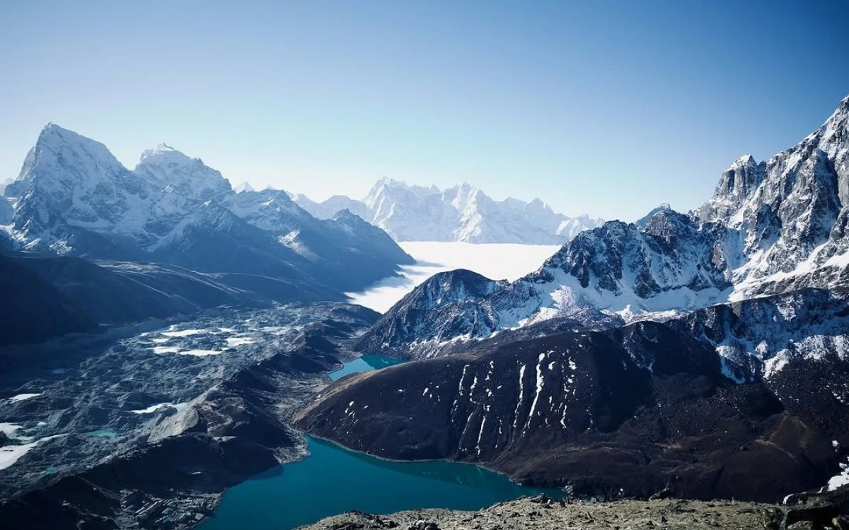 Aerial view of turquoise glacial lakes surrounded by snow-covered Himalayan peaks