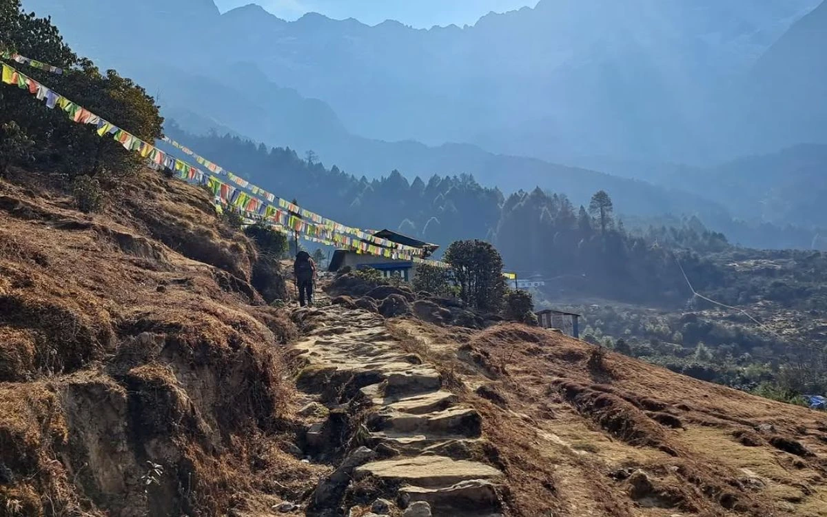 Trekker ascending stone steps along a ridge draped with prayer flags above a misty forested valley
