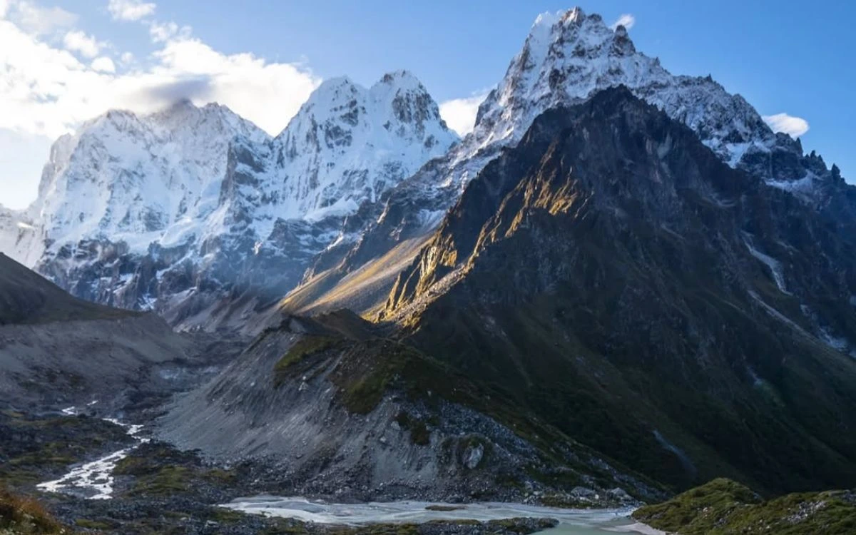 Snow-capped Himalayan peaks with a glacial river valley in Nepal