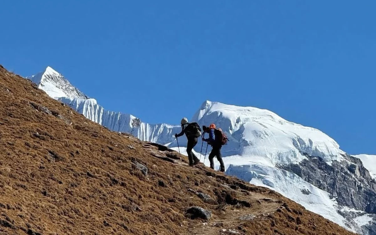 Two trekkers with poles climbing a steep grassy slope toward massive glaciated peaks under a blue sky