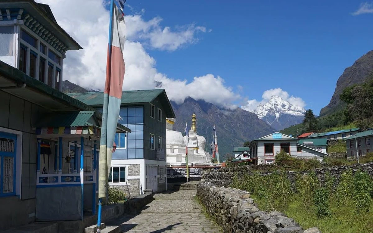 Namche Bazaar village with snow-capped peaks, Nepal trekking in January