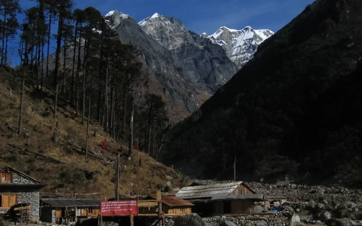 Traditional teahouse beneath snow-capped Himalayan peaks