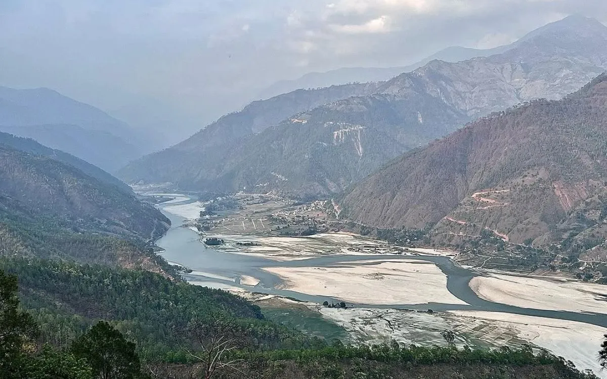 Karnali River winding through terraced valley in Nepal's remote region