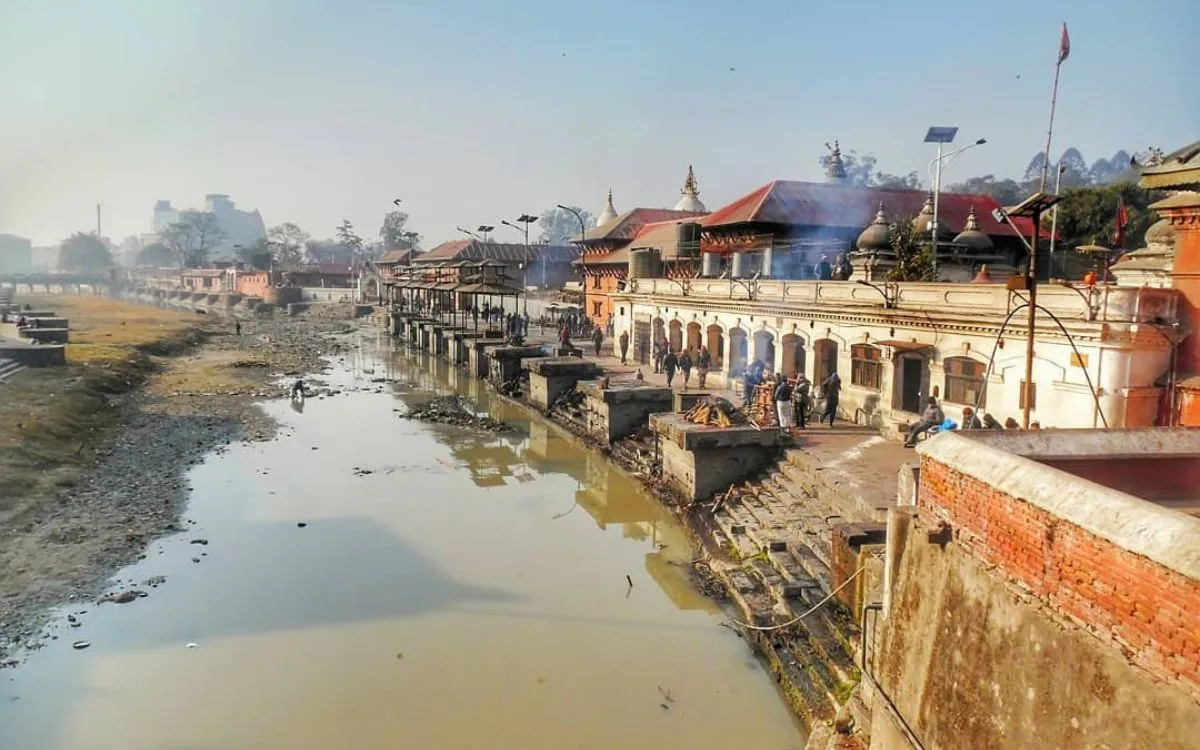 Bagmati River at Pashupatinath Temple showing religious significance and pollution challenges