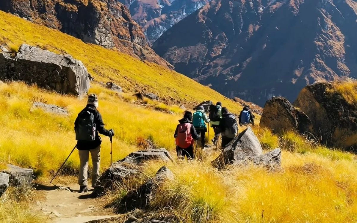 Hikers in single file ascending golden hillside trail with proper gear and poles