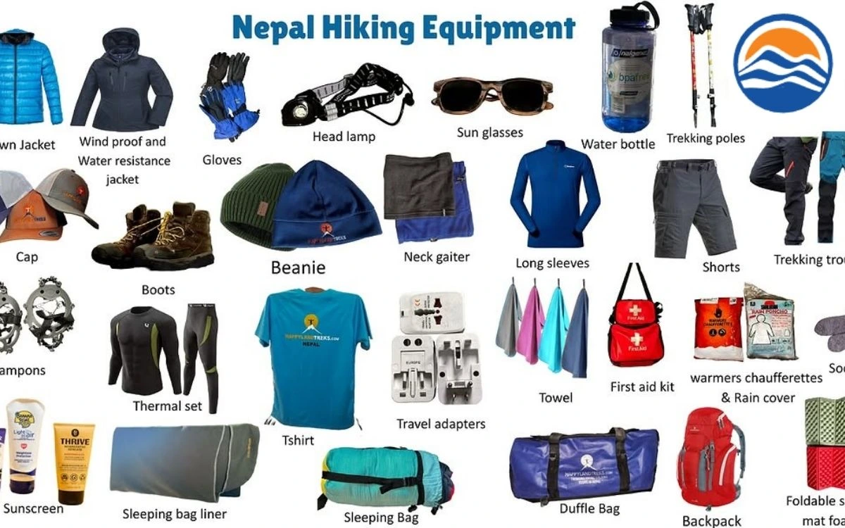 Nepal hiking equipment checklist displaying jackets, boots, first aid, and essential gear