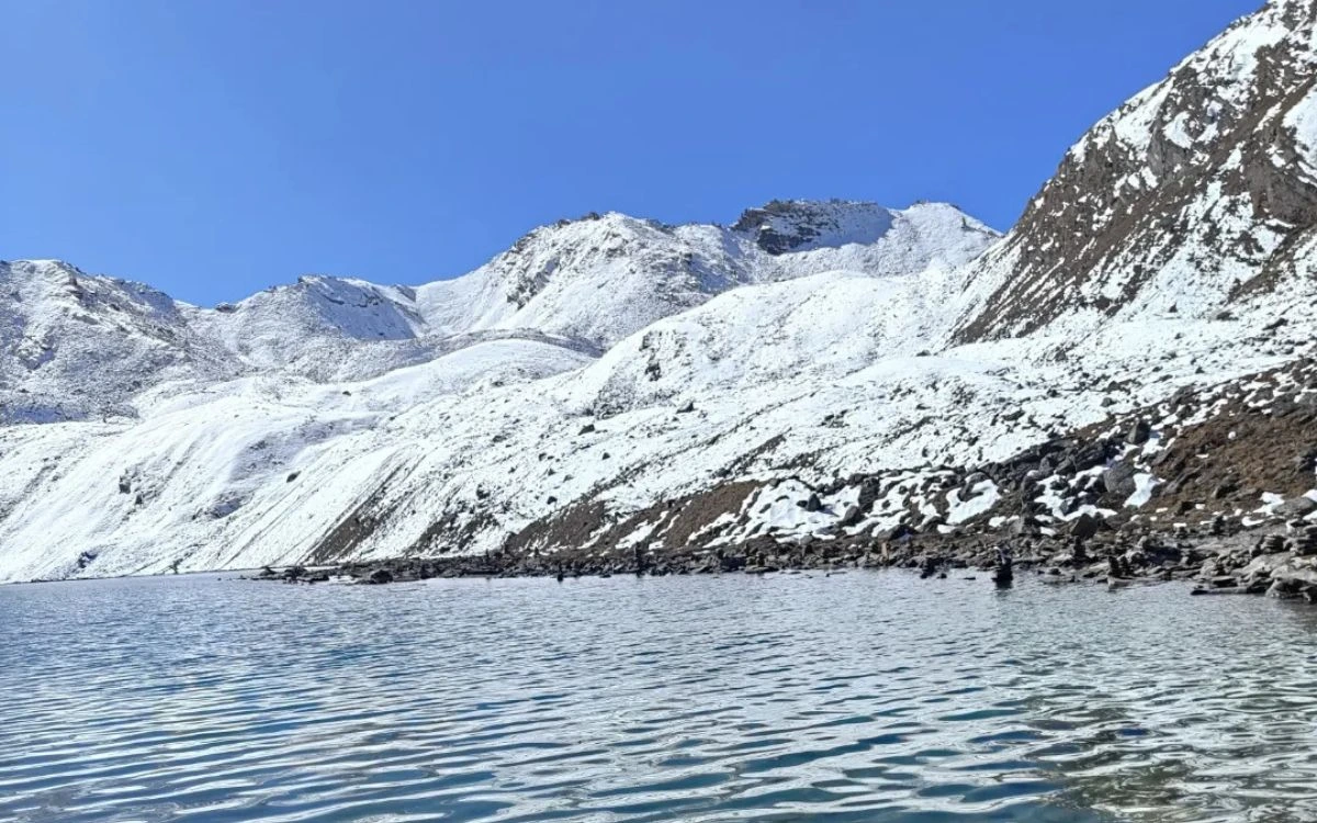 Snow-covered mountains reflecting in the calm waters of Samdo Lake