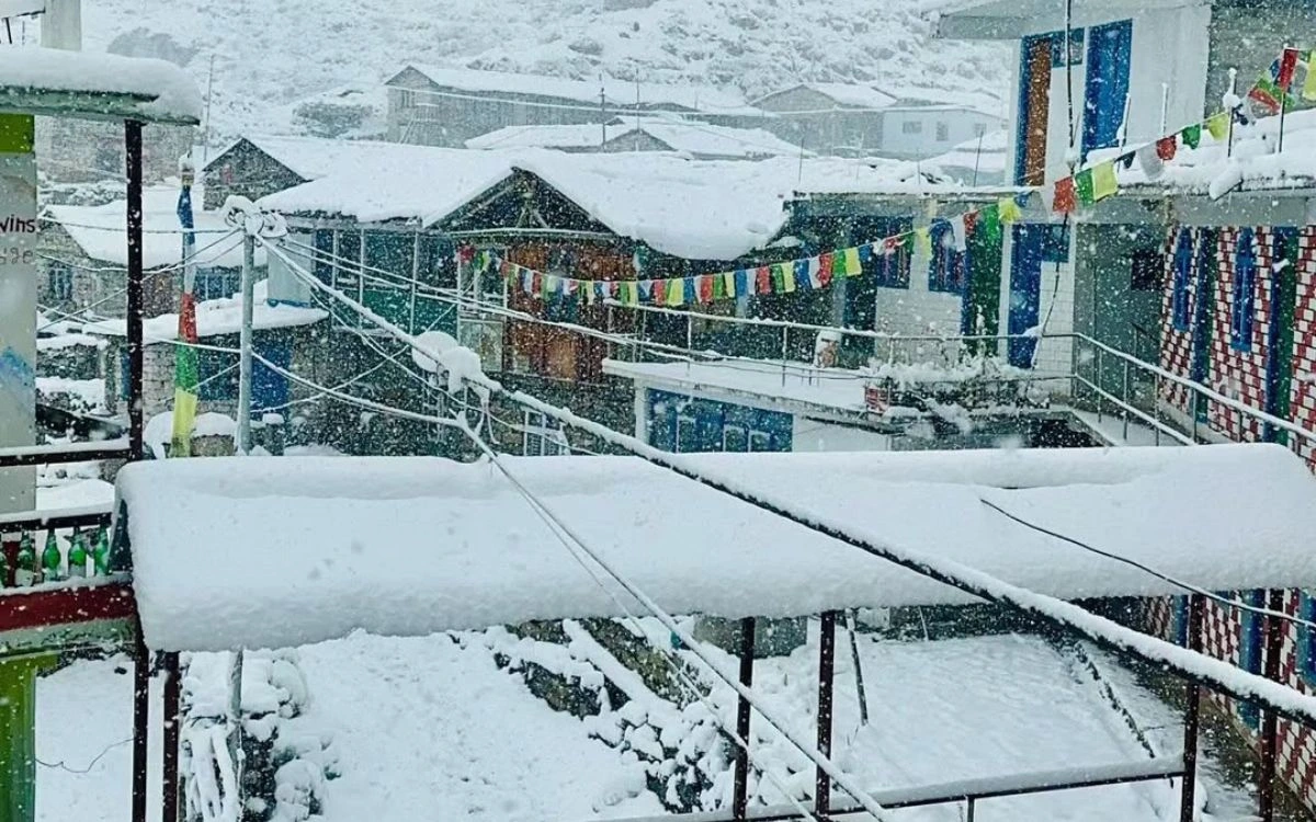 Heavy snowfall covering buildings and prayer flags in Samdo village