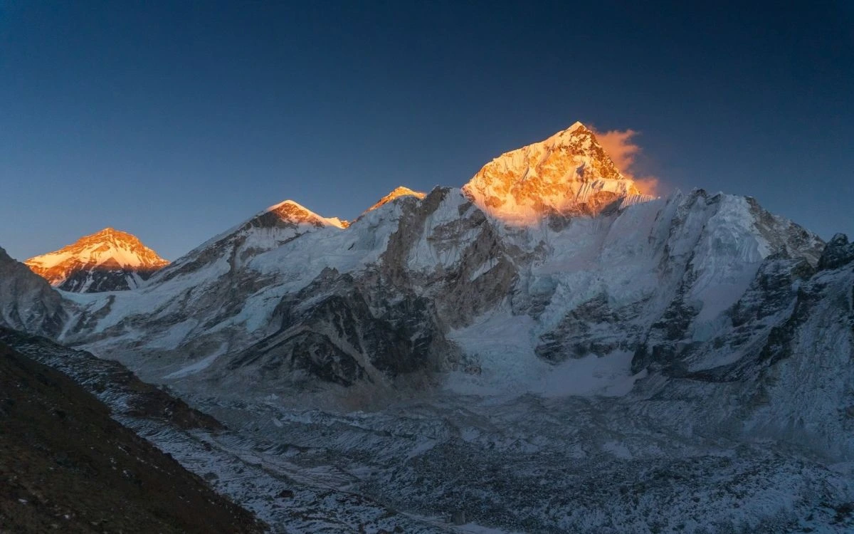 Sunrise light on Everest and Nuptse in the Khumbu