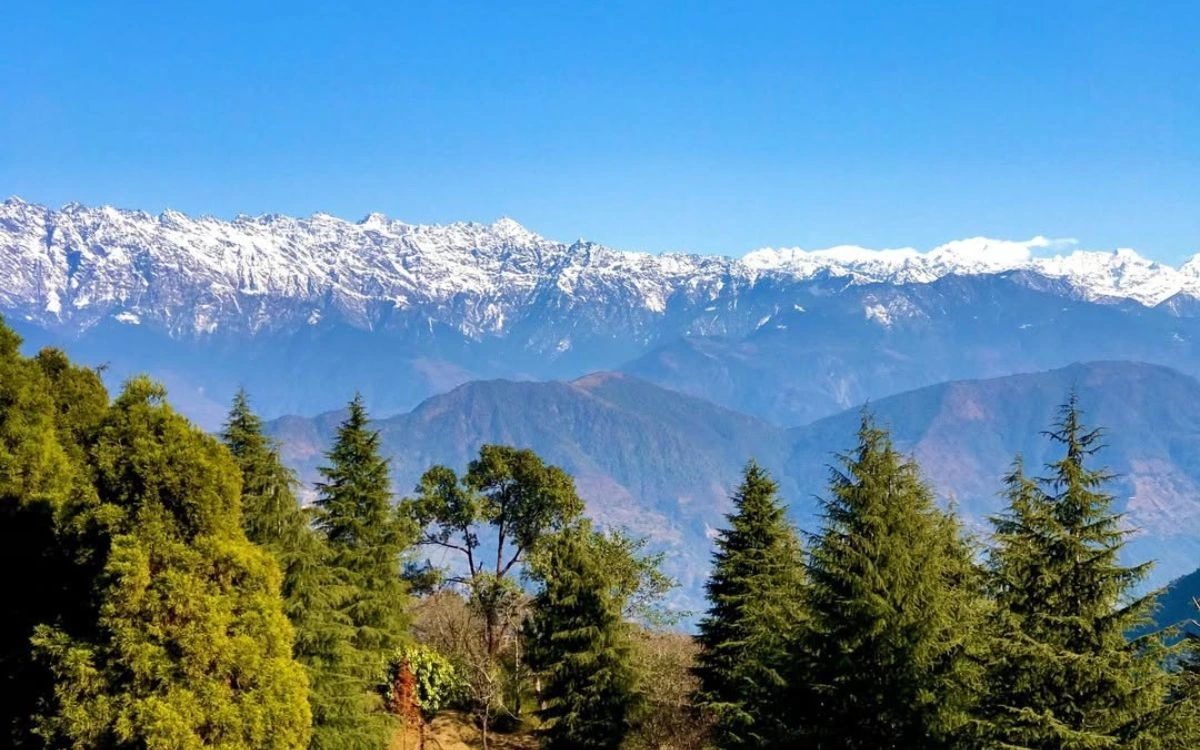 Snow-capped Langtang Himalayan range visible beyond forested hills with evergreen trees at Shivapuri National Park viewpoint
