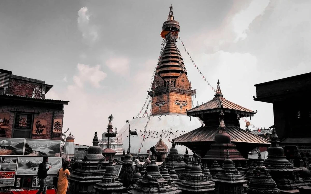 Swayambhunath Stupa with prayer flags and golden spire in Kathmandu