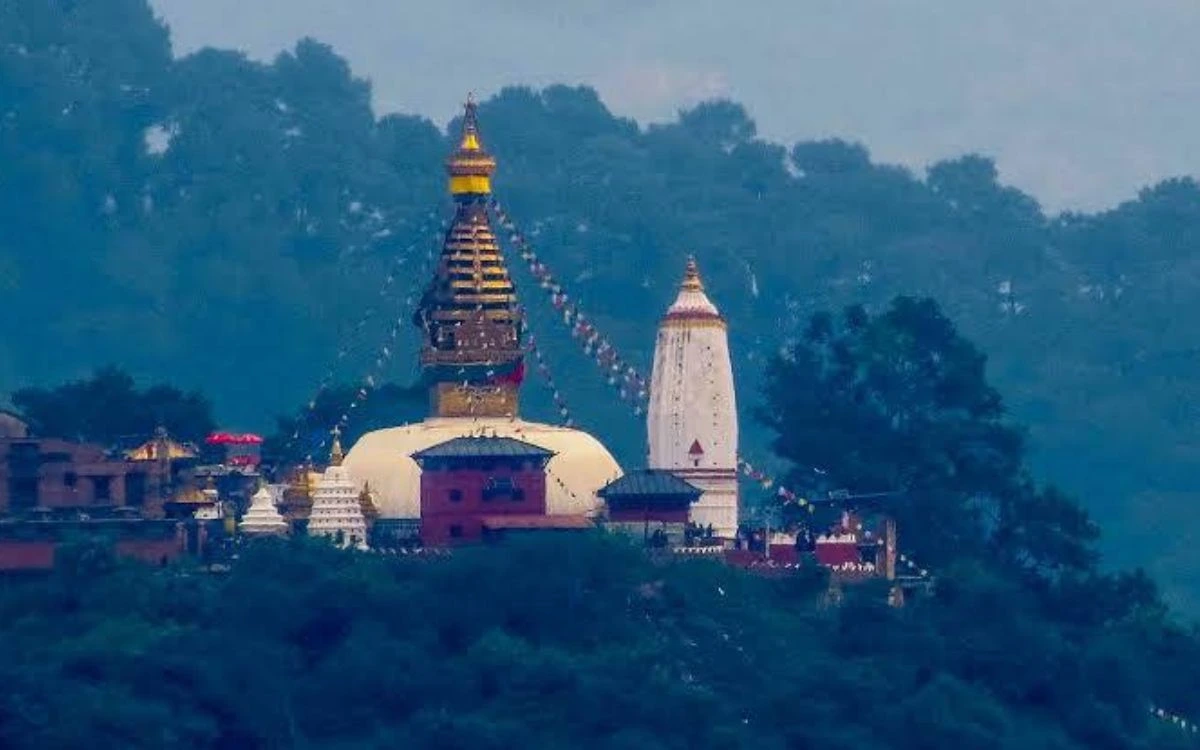 Buddhist Swayambhunath Stupa perched on a hill in Kathmandu