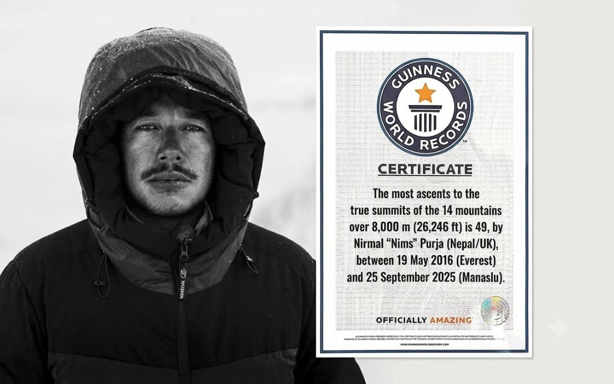 A portrait of mountaineer Nirmal "Nims" Purja alongside a Guinness World Records certificate for most ascents of 8,000m peaks.