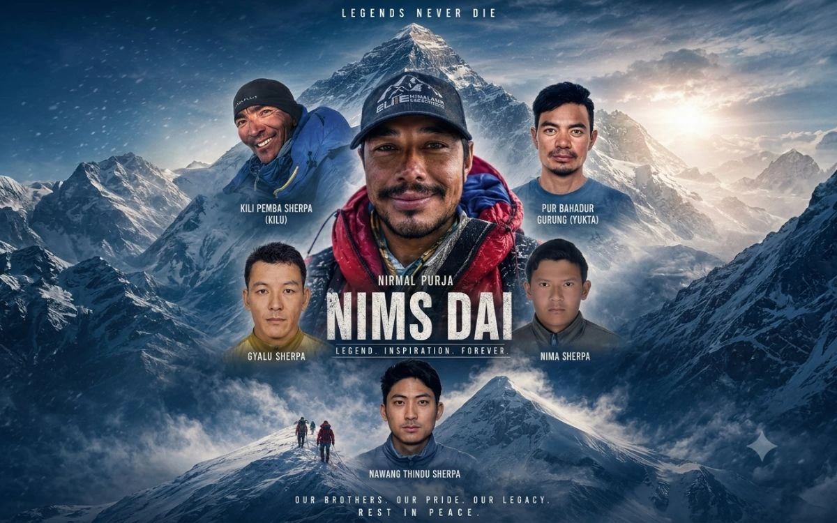 A memorial poster featuring portraits of Nims Dai, Kili Pemba Sherpa, Pur Bahadur Gurung, Gyalu Sherpa, Nima Sherpa, and Nawang Thindu Sherpa against a snowy peak.