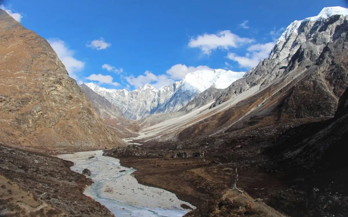 Langtang Valley floor with glacial river and mountain panorama