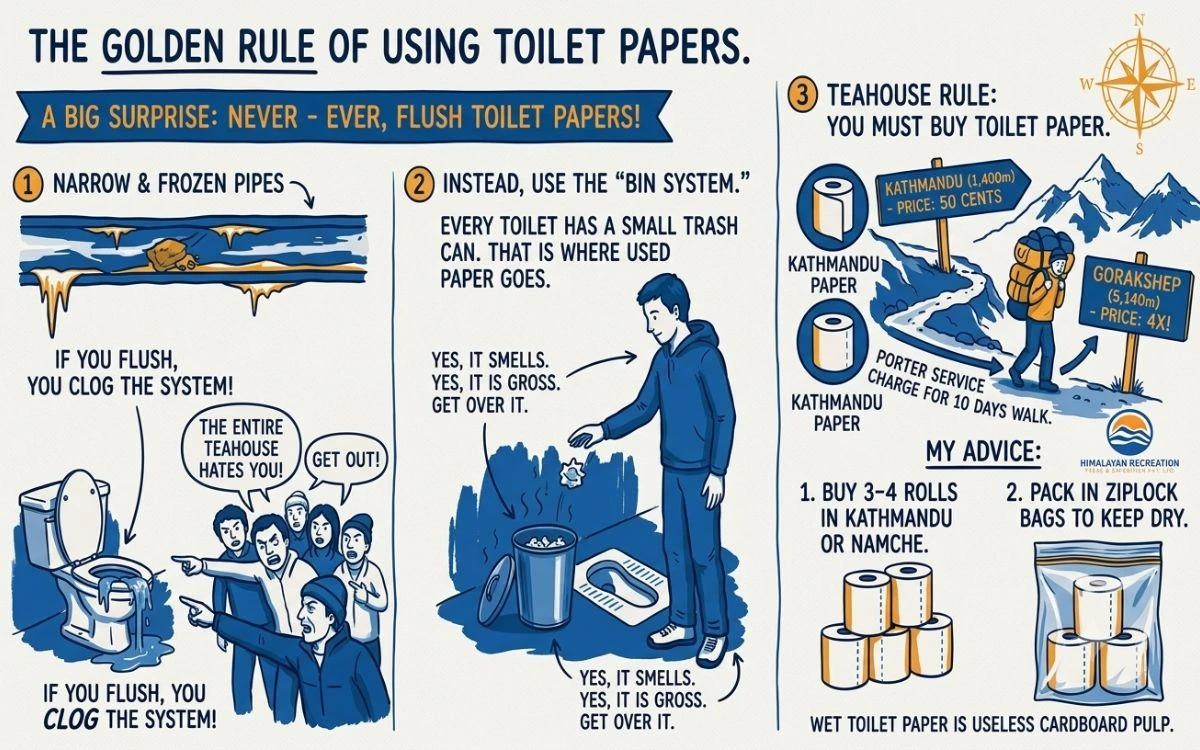 Infographic explaining the golden rule of never flushing toilet paper on Nepal teahouse treks