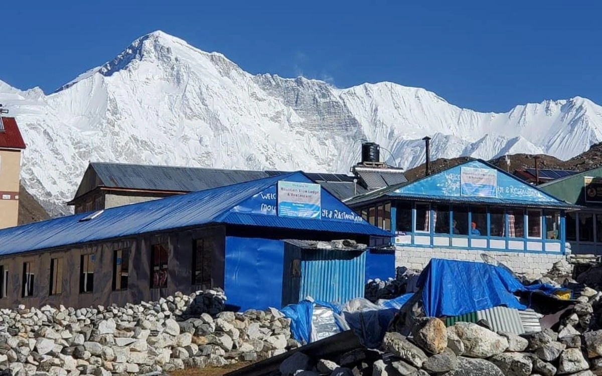 Blue-roofed lodges and restaurants below a massive snow-covered Himalayan peak