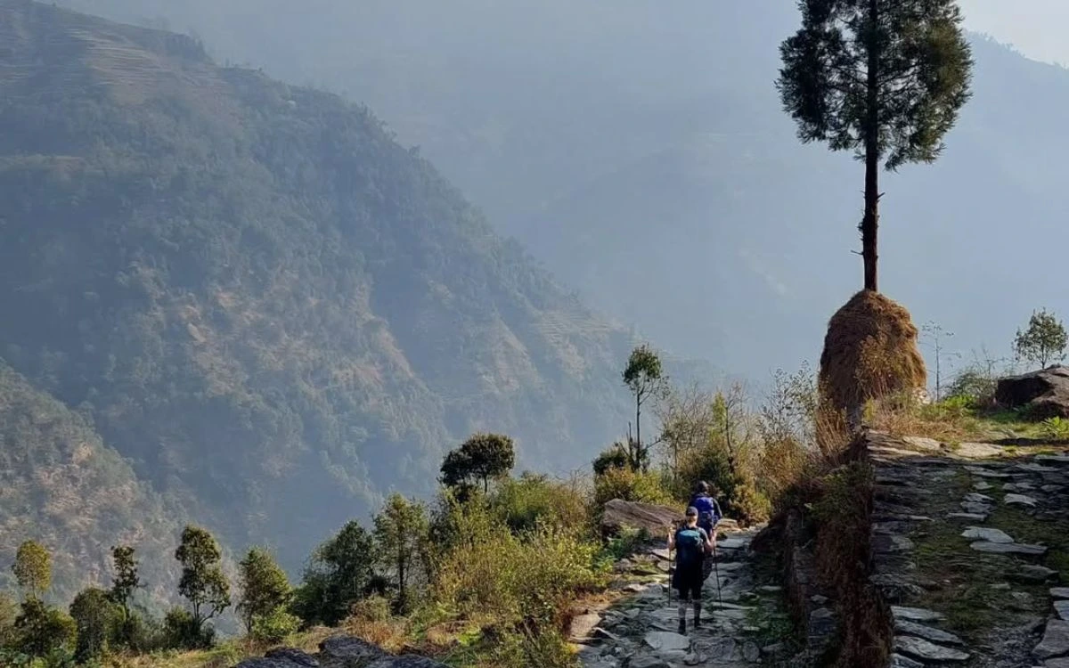 Two trekkers with trekking poles descending a stone trail through misty Himalayan hills