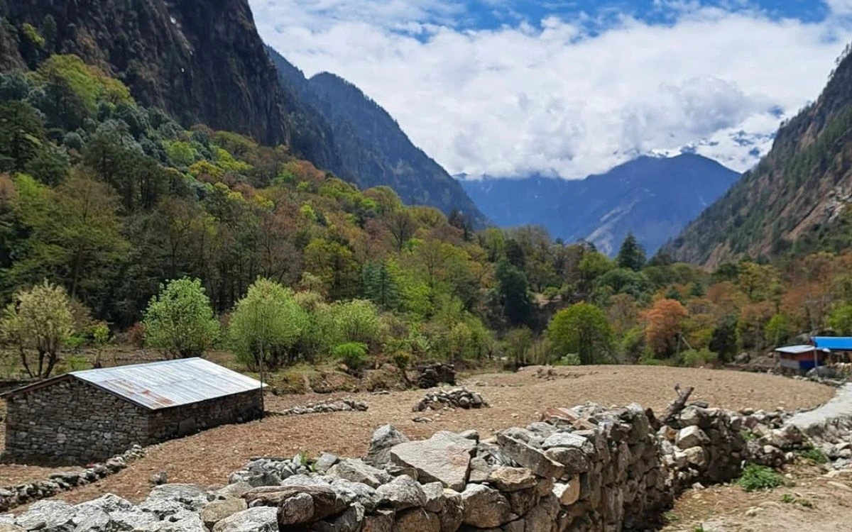 Lush green valley with stone-walled fields and a traditional village on a Nepal trekking route