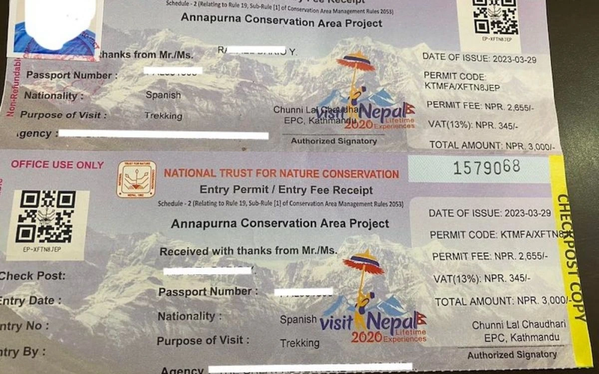 Close-up of Annapurna Conservation Area Project permit showing fee receipt and details