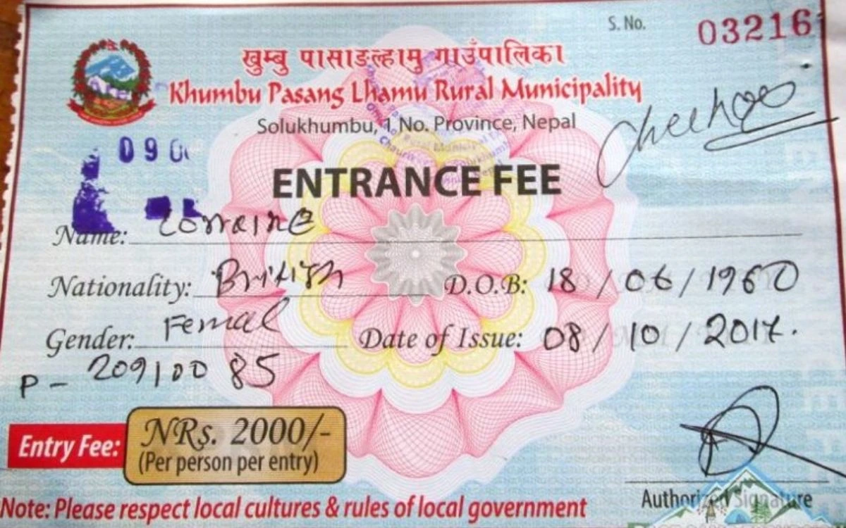 Khumbu Pasang Lhamu Rural Municipality entrance fee receipt for NPR 2,000