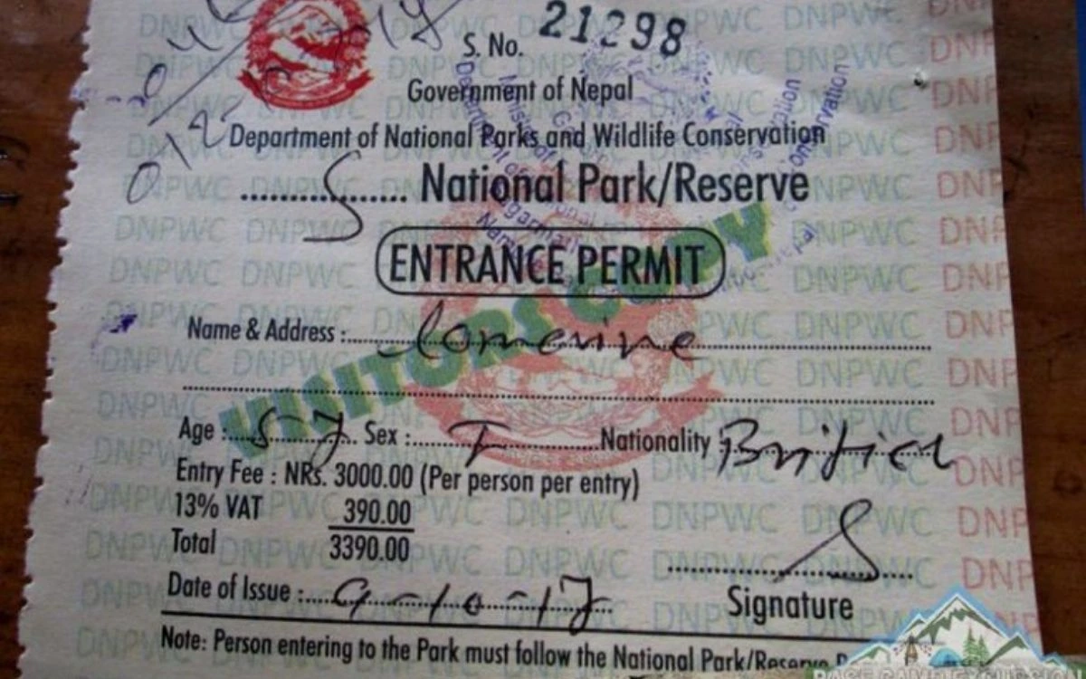 National Park entrance permit from Department of National Parks and Wildlife Conservation