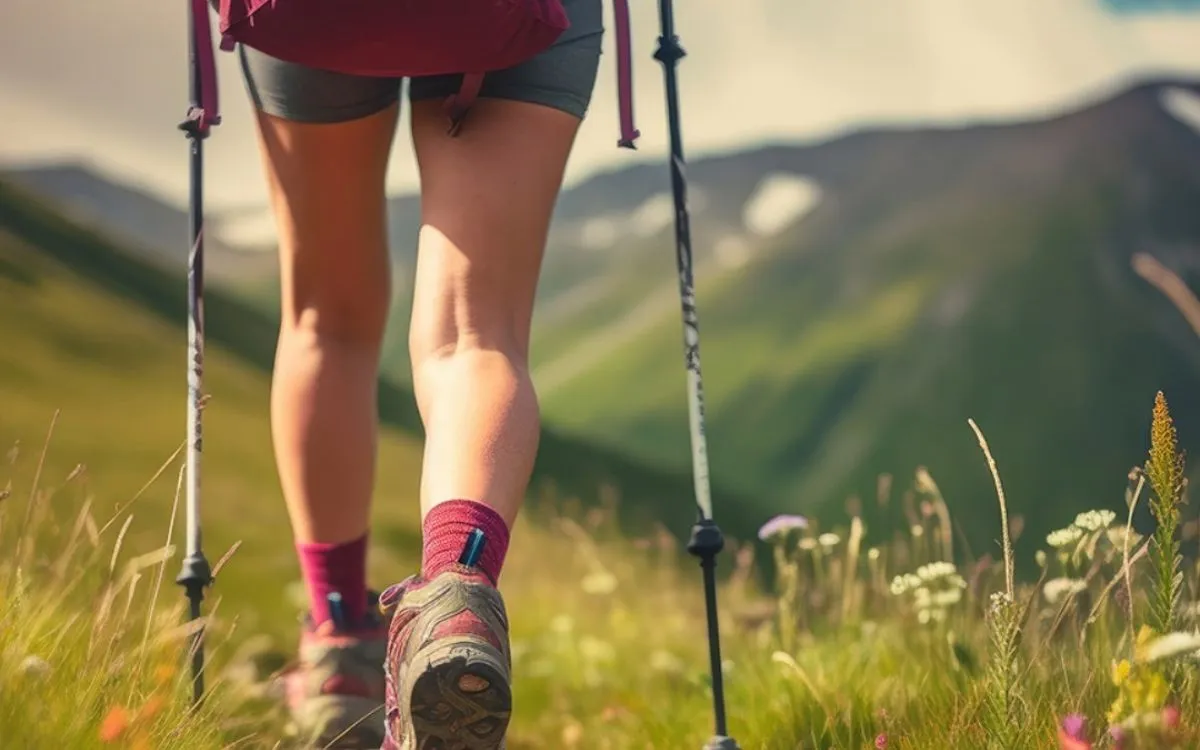 Hiker's legs and feet walking on mountain trail with trekking poles and wildflowers