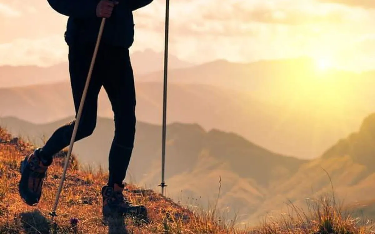 Silhouette of hiker with trekking pole against sunset mountain view.