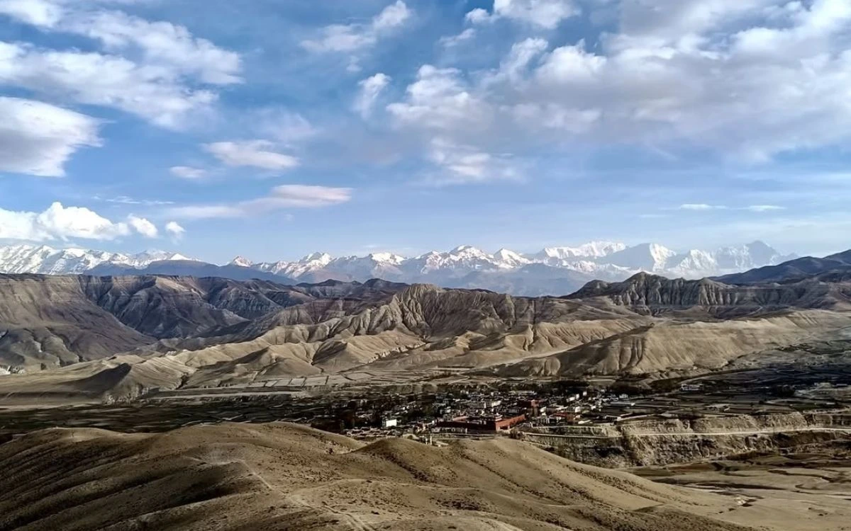 Aerial view of Lo Manthang walled city in the arid desert landscape of Upper Mustang