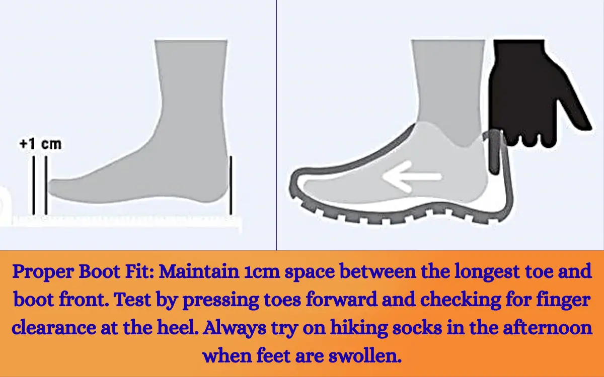 Boot fitting diagram showing proper 1cm toe space and finger clearance test