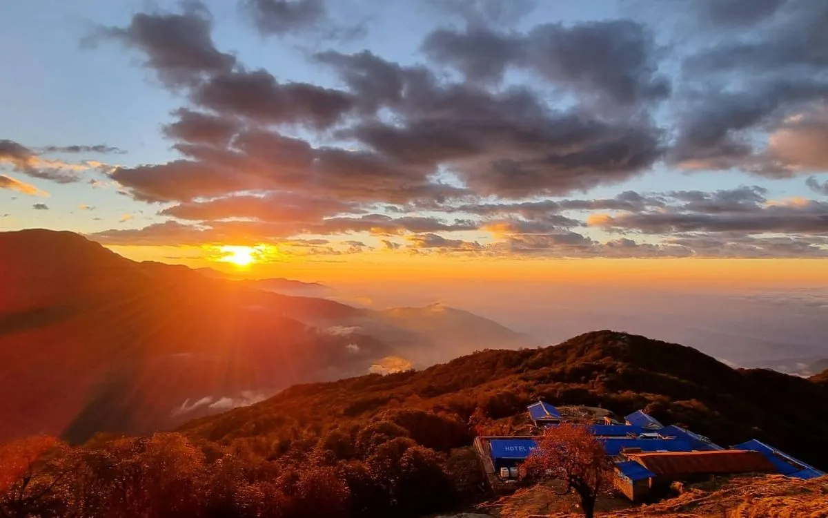 Mountain lodge with sunset view at Mardi Himal base camp