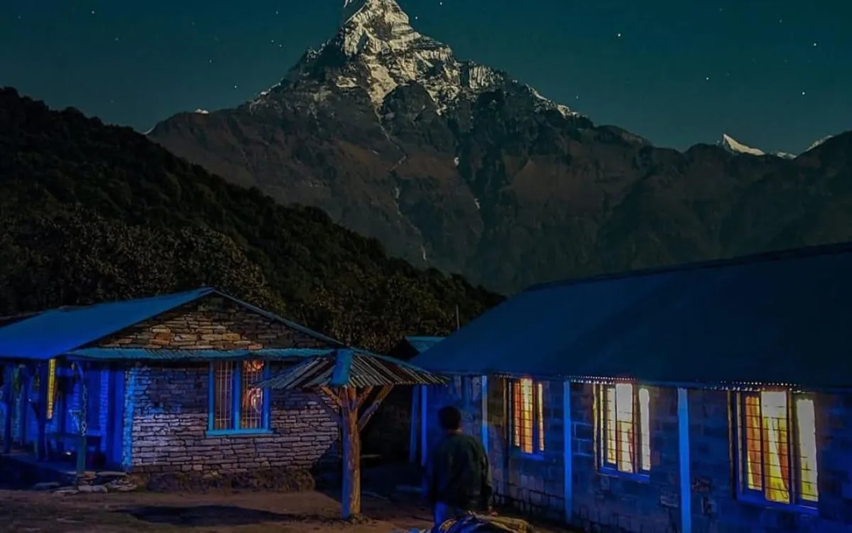 eahouse accommodation at night with Himalayan mountain backdrop Mardi Himal