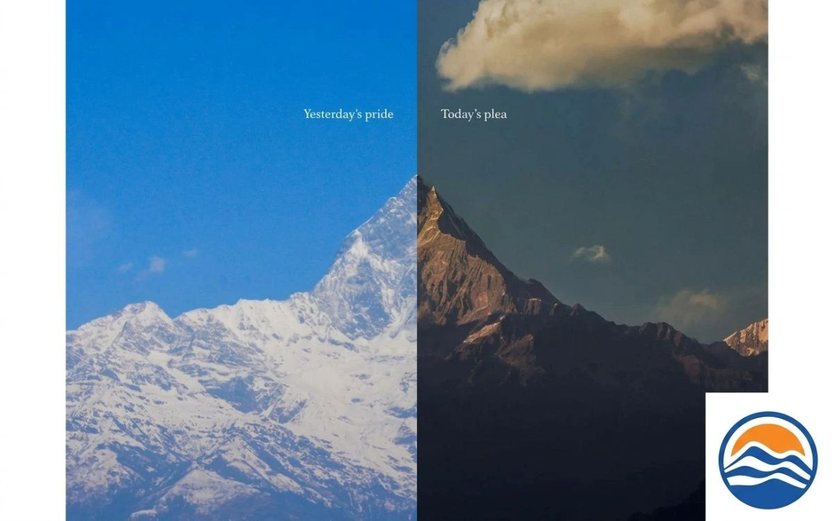 Before-and-after comparison of a snow-capped peak turning bare, showing climate change