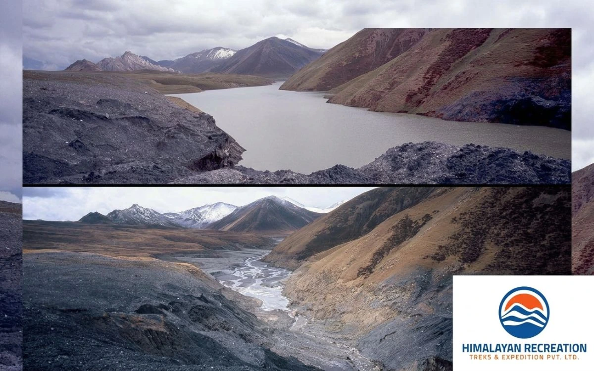 Himalayan glacial lake shrinking into a dry riverbed due to glacial melt