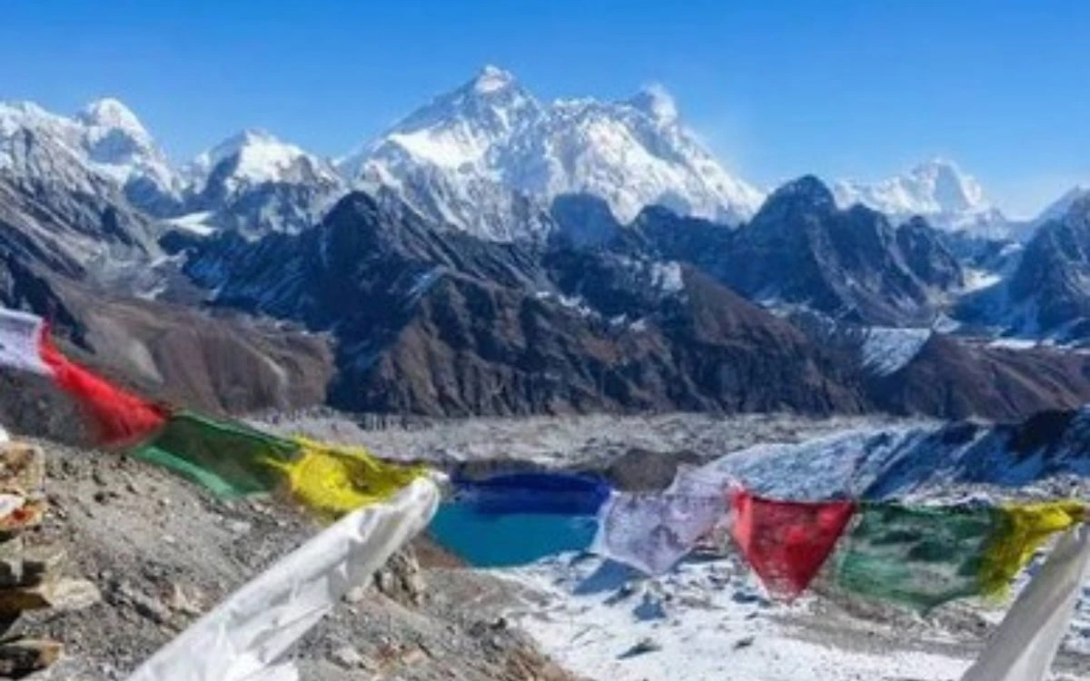 Buddhist prayer flags fluttering in the wind on a high mountain pass overlooking a distant glacier and lake.