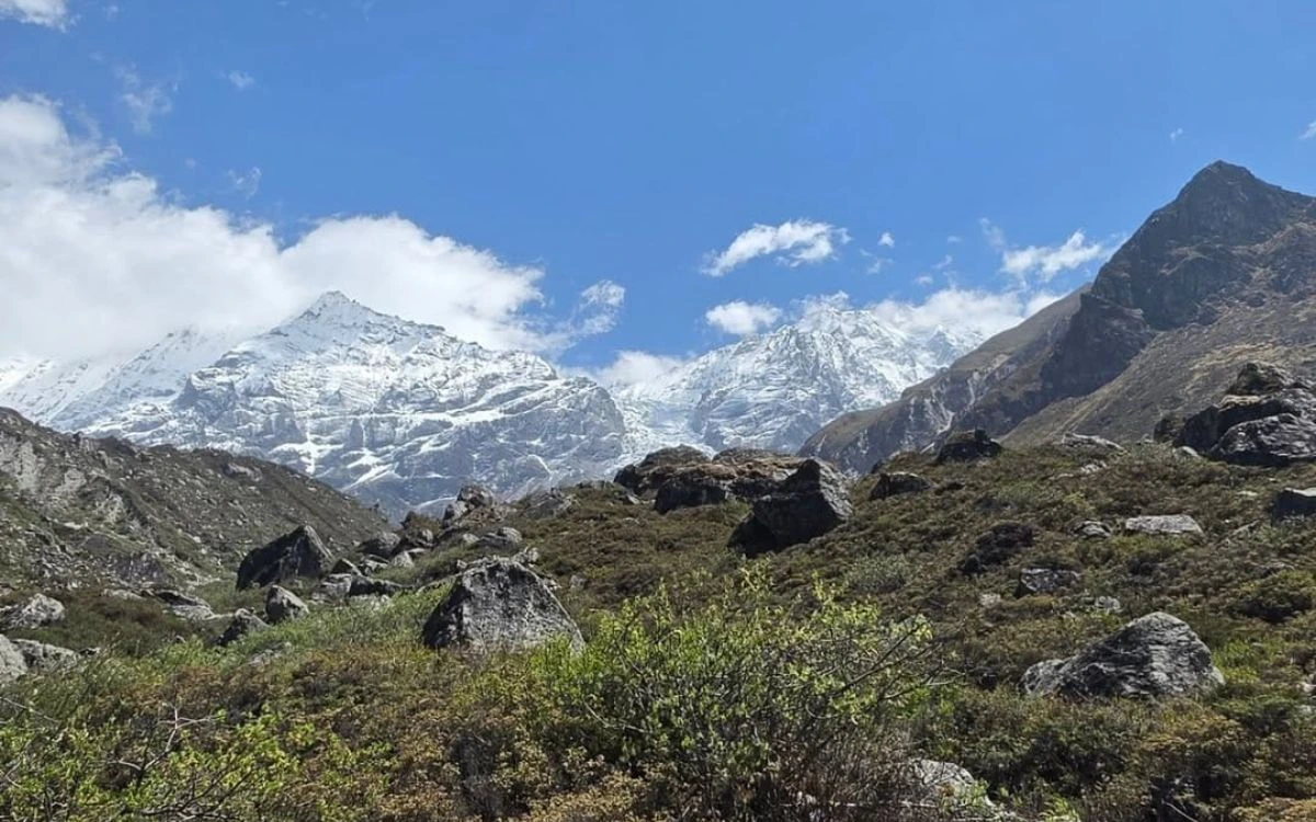 Rocky, green hillsides in the foreground looking up toward snow-covered Himalayan mountain ridges.