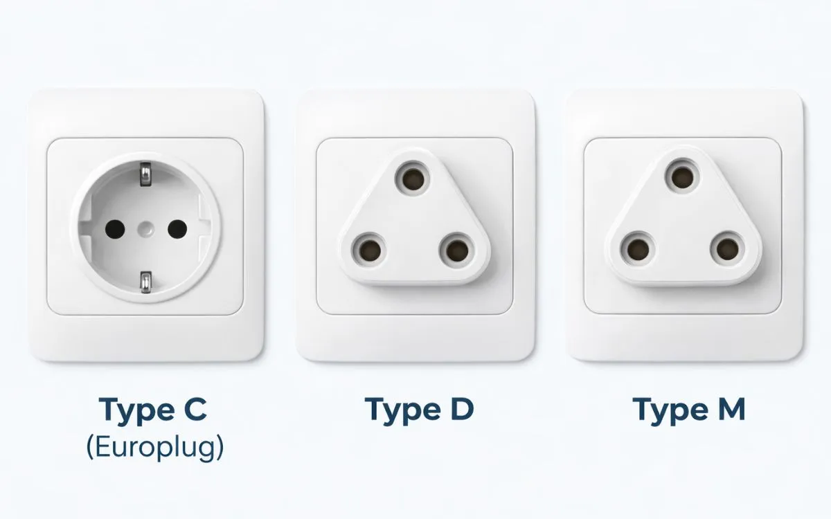 Three types of electrical sockets - Type C Europlug, Type D, and Type M