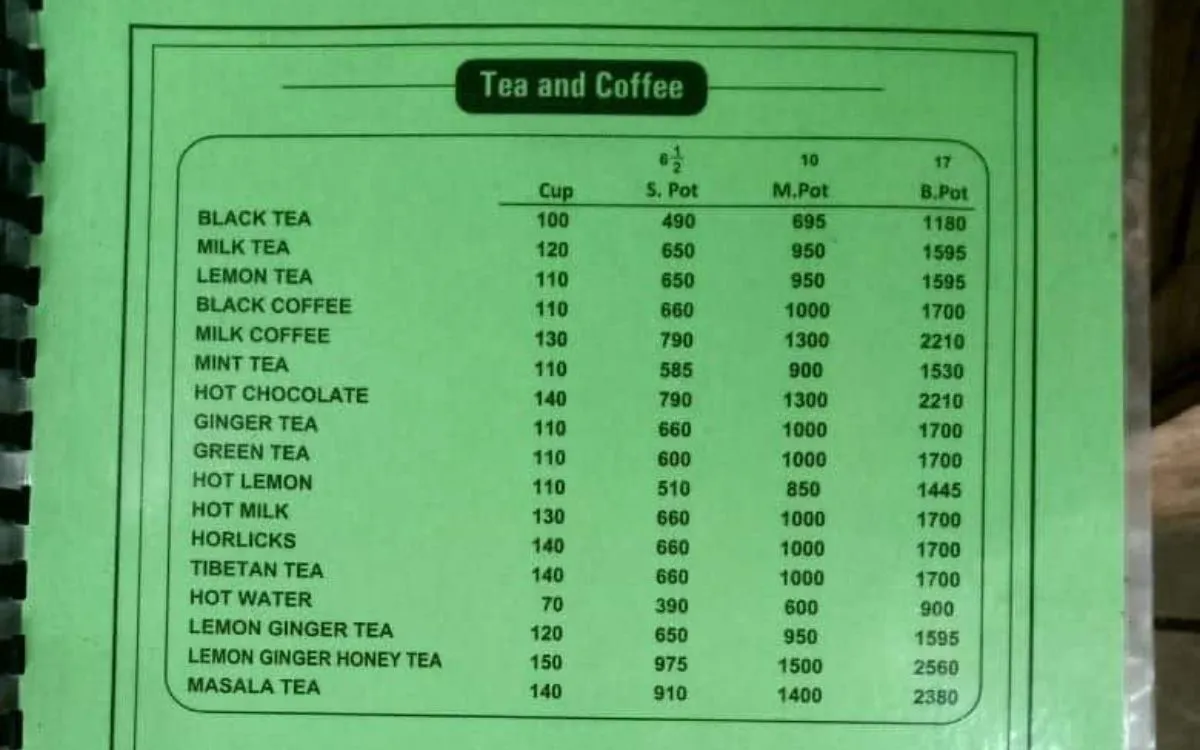Teahouse menu showing tea, coffee, soup, egg dishes and Tibetan bread prices in Nepali rupees