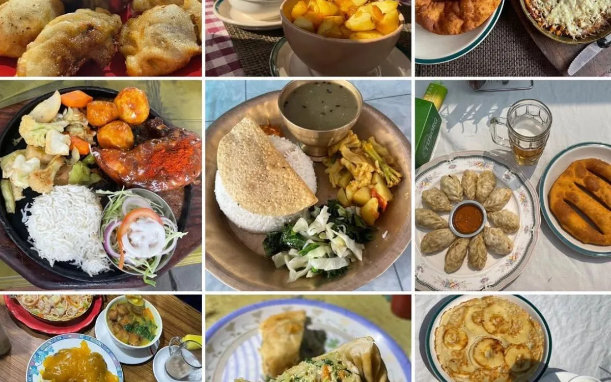 Manaslu Circuit trek meals including momos, dal bhat, fried bread, vegetable curry, and traditional Nepali breakfast items"