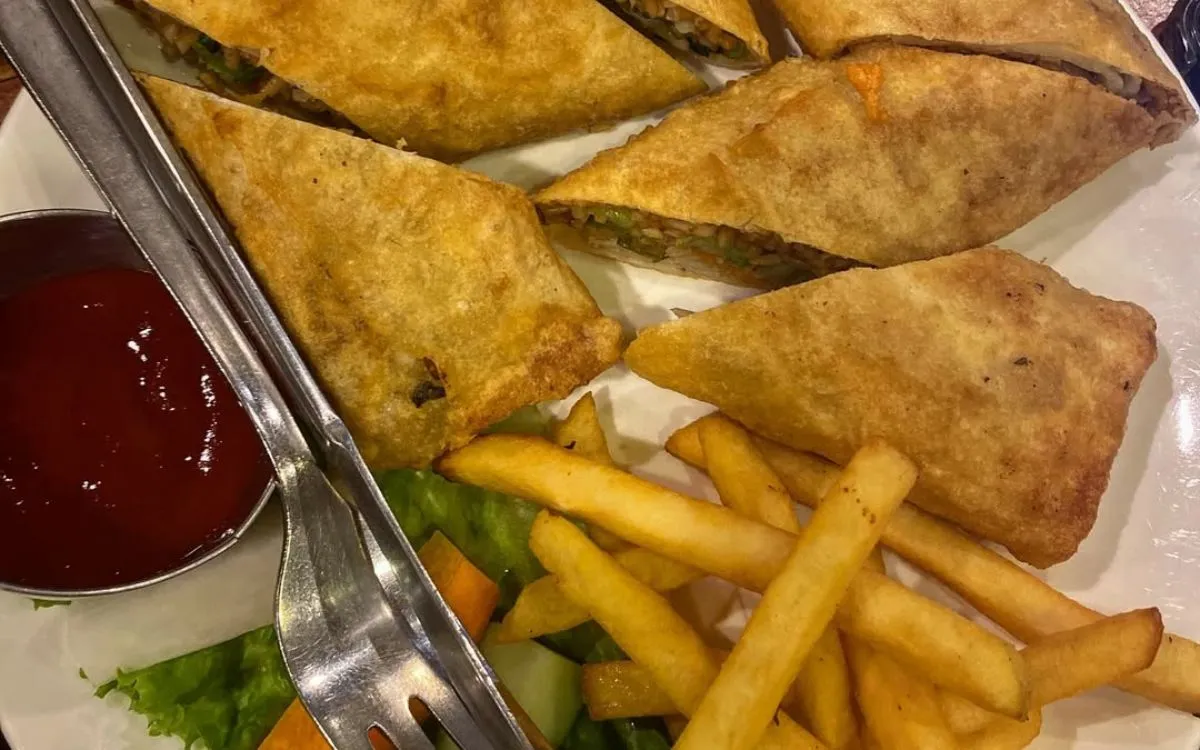 Plate of crispy vegetable spring roll served with french fries and chutney sauce