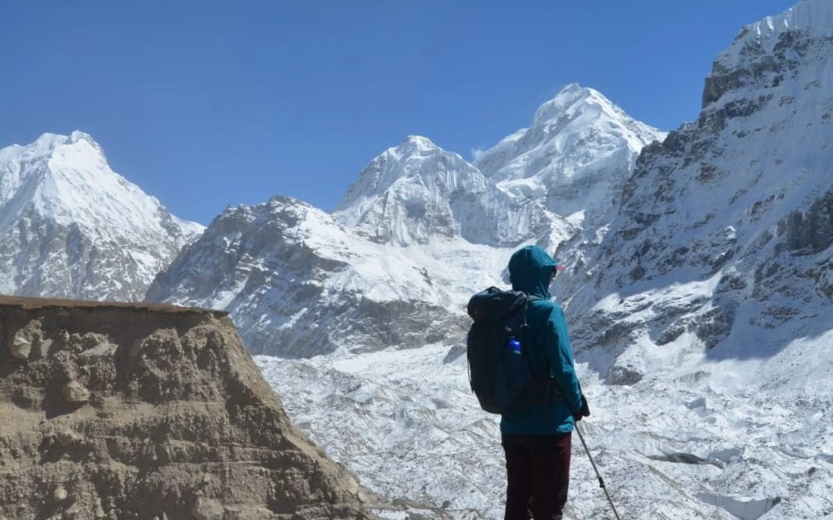 Trekker Admiring Kanchenjunga Mountain Views Nepal