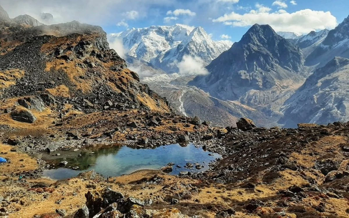 A small glacial pond on a rocky alpine plateau with Kanchenjunga's snow-covered massif in the background