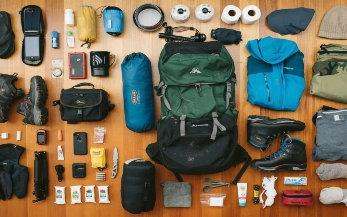 Trekking gear and equipment laid out on wooden floor including backpack, sleeping bag, hiking boots, clothes, and camping supplies