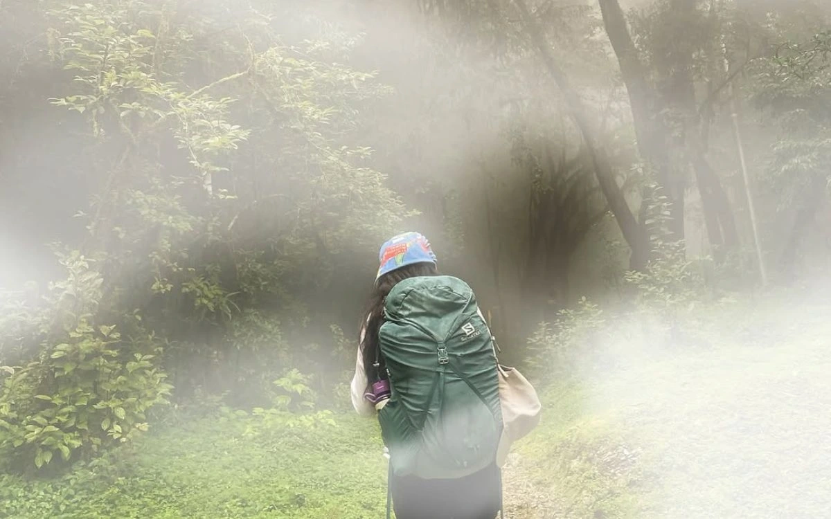 Hiker walking through misty forest trail surrounded by fog and trees in Mardi Himal Trail