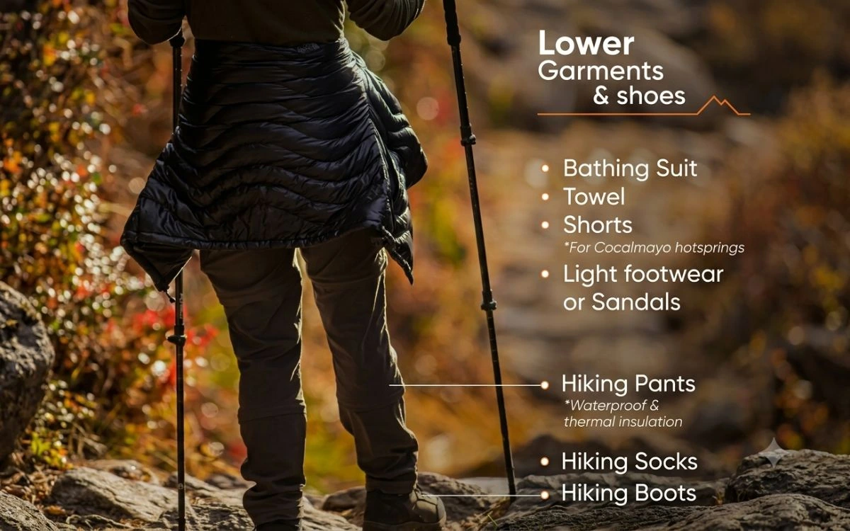 Trekker in waterproof hiking pants and boots showing lower body garments for the Kanchenjunga trek