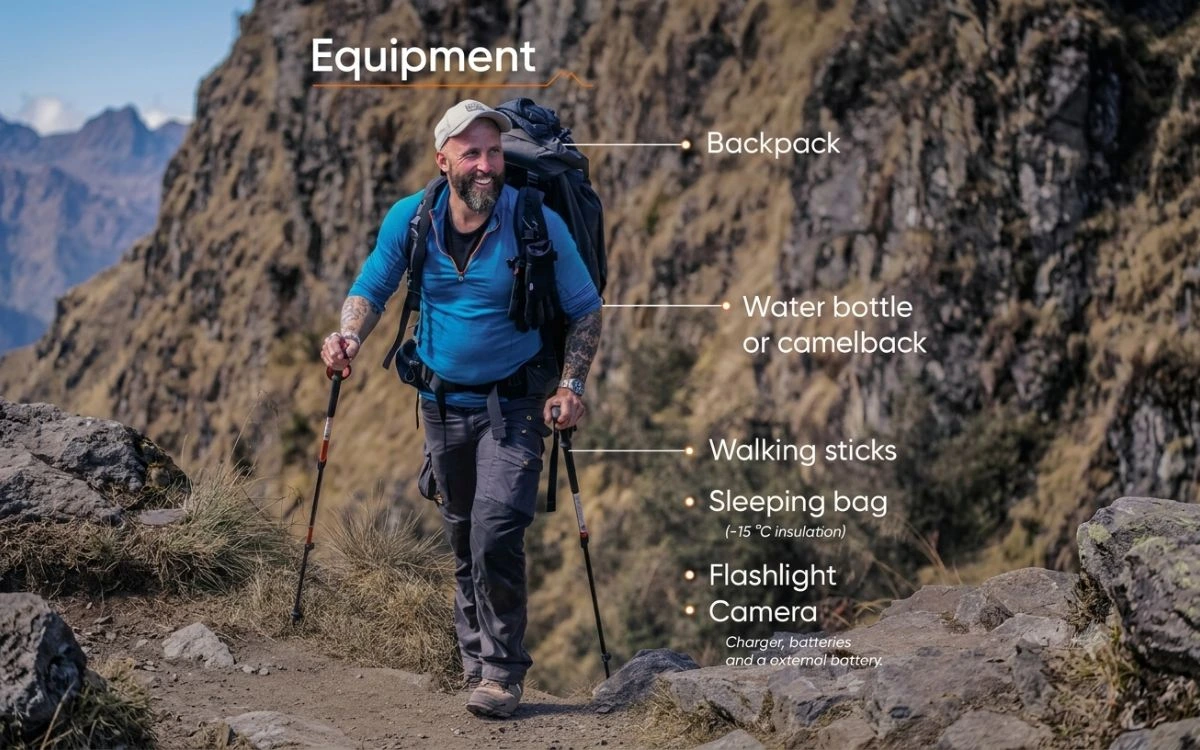 Trekker with backpack and walking sticks showing essential equipment for the Kanchenjunga trek