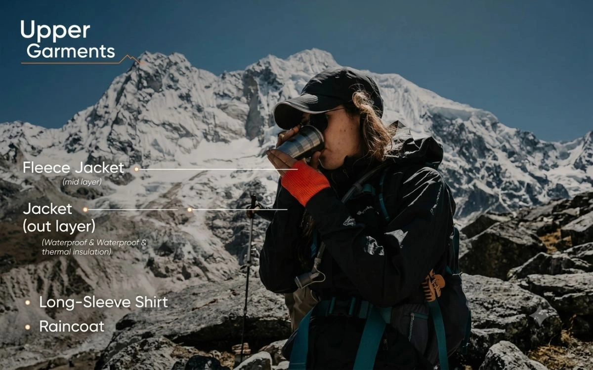 Trekker in fleece jacket and waterproof outer layer drinking tea against snow-capped Kanchenjunga peaks