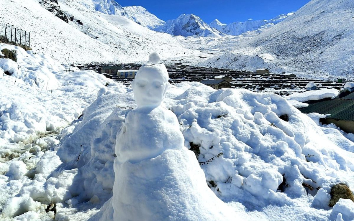Snowman built in Muktinath village along the Annapurna Circuit trek