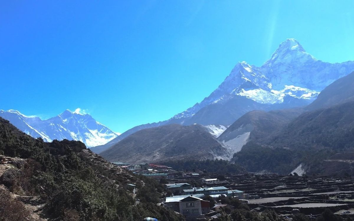 Ama Dablam and Everest peaks above Pangboche village