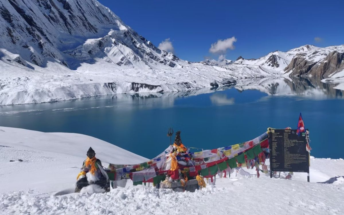 Trekkers at Tilicho Lake with prayer flags, Annapurna region